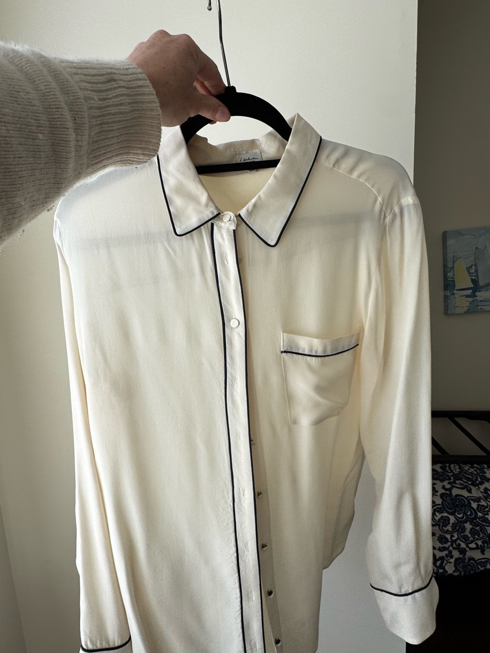 Babaton Cream Button-Down Shirt with Black Piping